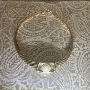 VTG MCM Park Lane Signed Gold‎ Tone Chain Choker Necklace Faux Pearl Slide 17”